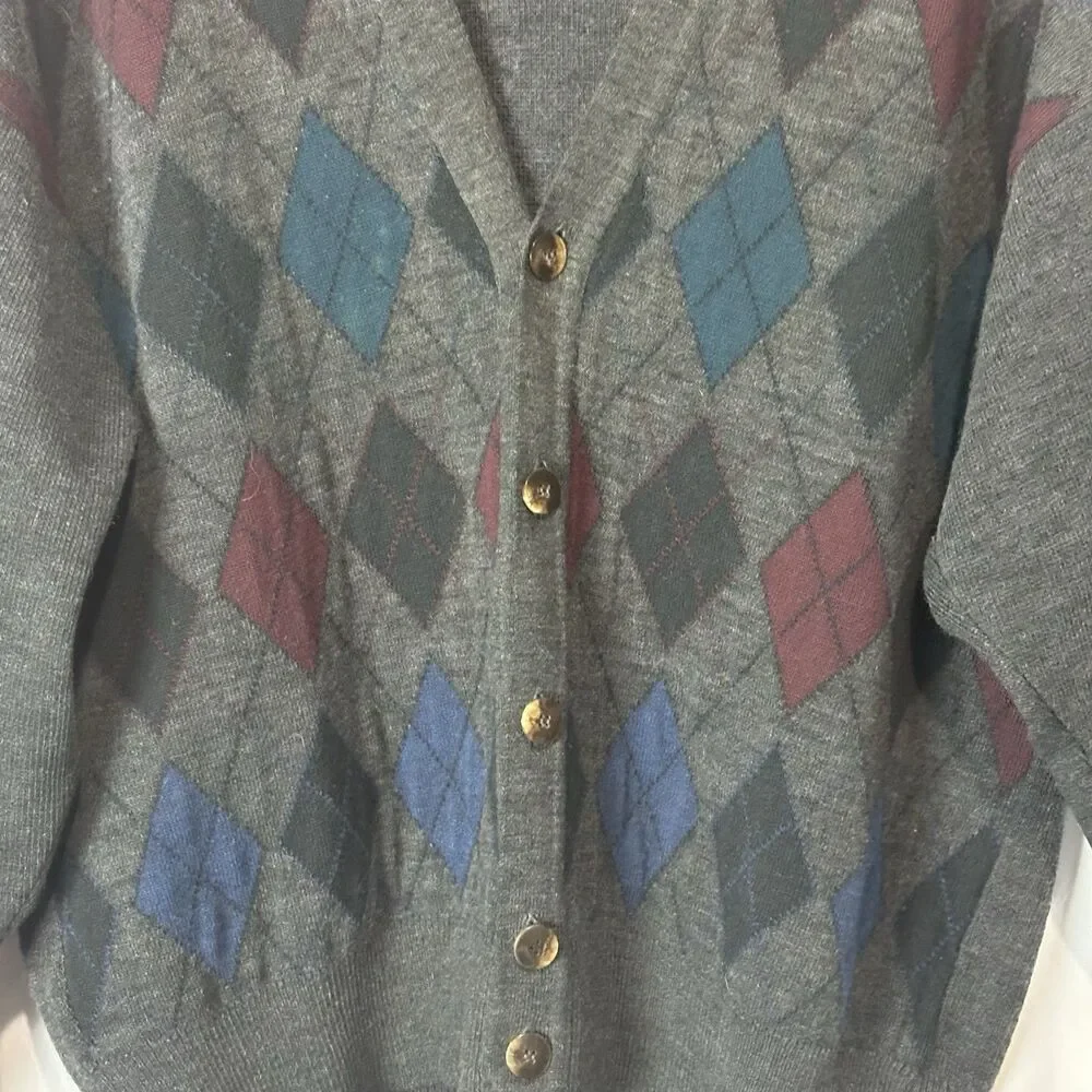 Vtg 90s Cardigan Sweater Florence Tricot Italian Wool Argyle‎ Grandpa Academia